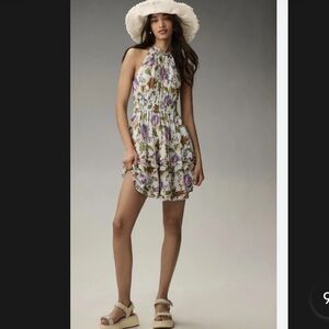 Anthropologie Light Blue The Somerset Halter Mini Dress Floral Print NWT XL Boho